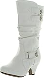 Bag56 Kids Dual Strap Rhinestone Button Slouch Kitten Heel Mid Calf Riding Boots