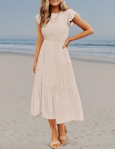 ZESICA Women's 2025 Summer Casual Flutter Short Sleeve Crew Neck Smocked Elastic Waist Tiered Midi Dress,Apricot,Large - Image 9