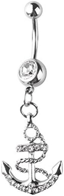 316L Surgical Steel Body Jewelry Rhinestone Anchor Dangle Button Barbell Belly Navel Ring Bar Piercing