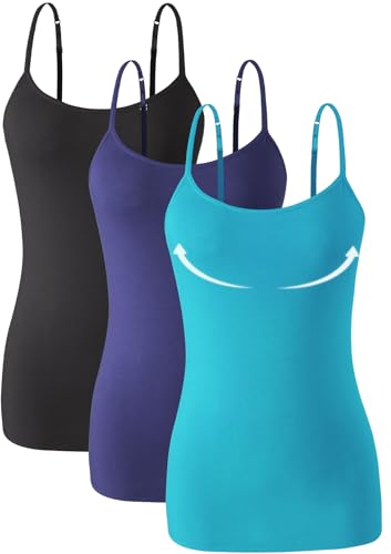 Knuffnee Damen Baumwolle Unterhemd Regal Bh Unterhemden Verstellbaren Spaghetti Top 3Er Pack Schwarz/Dunkelblau/Blau L