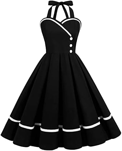 black pinup dress Women's Halter Neck 50s 60s Vintage Cocktail Party Swing Dress Pin Up 1950s  Audrey Hepburn Rockabilly Prom Dress 40s Sleeveless Bandage Fit and Fared  A-Line Wedding Formal Tea Dress Black-Buttons S at