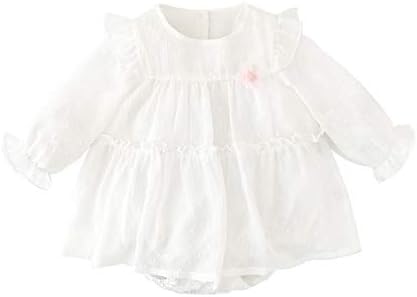 ベビー服 長袖ワンピース女の子春秋 スカート付きカバーオール洋服 赤ちゃん出産準備贈り物フリル無地通園服ホワイト6ｍ