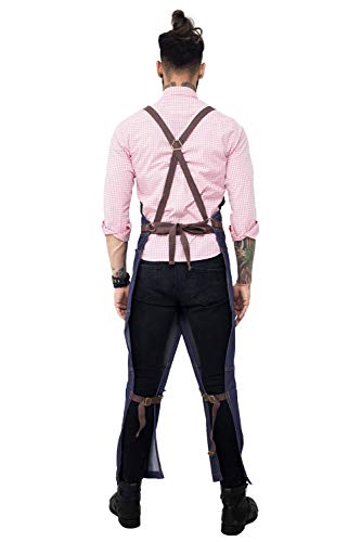 Under NY Sky Pottery Blue Apron – Full Coverage Cross-Back, Durable Denim, Leather Reinforcement Overlapping Split-Leg – Adjustable Men Women – Pro Pottery Artist, Mechanic, Tattoo Aprons
