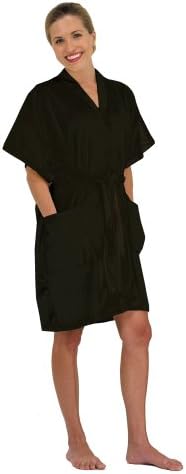 Cloud 9 Women's Plush Microfiber Short Sleeve Knee Length Robe, Kimono Style Wrap, Lightweight, Side Pockets, Waist Belt with Bi-Level Loops, 36 Inch Length, Black Sea