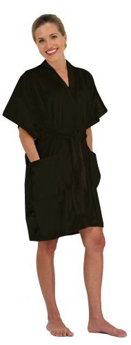 Cloud 9 Women's Plush Microfiber Short Sleeve Knee Length Robe, Kimono Style Wrap, Lightweight, Side Pockets, Waist Belt with Bi-Level Loops, 36 Inch Length, Black Sea