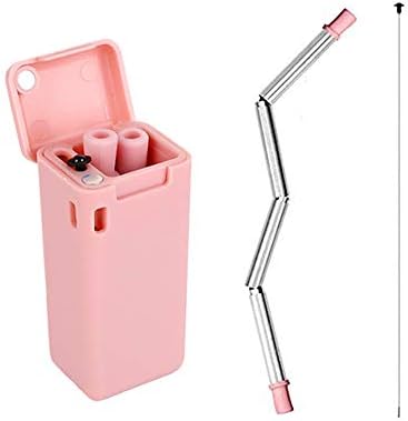 Collapsible Reusable Straws with Case and Keychain,Portable Stainless Steel Silicone Straws Drinking Reusable for Travel Include Cleaning Tool (Pink)