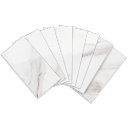 StyloVue 100 Pieces Peel and Stick Backsplash for Kitchen, 3" x 6" PVC Subway Tile 2024 Upgraded Glossy White Marble with White Grout Backsplash Stick on Tile Elevate Kitchen Fireplace RV