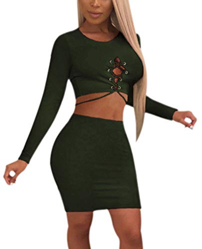 Two Piece Outfits for Women Sexy - Bodycon Long Sleeve Lace Up Crop Top + Tight Mini Dress Set Medium Army Green