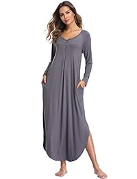 Lusofie Camisón de manga larga para mujer de gran tamaño plisado camisa de dormir con botones, ropa casual con bolsillo