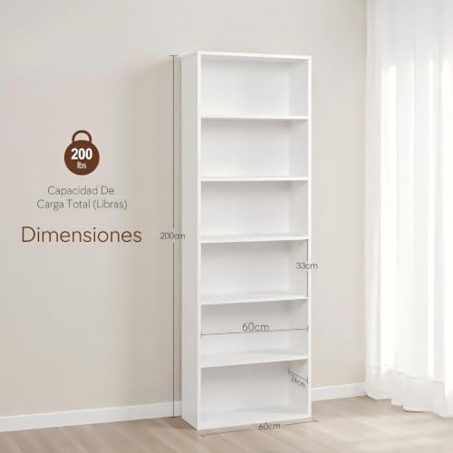 OSLIFE 200cm Librero Organizador Elevado, Mueble Organizador de Madera,6 Repisas Abiertas, Ahorra Espacio,Estantes,Repisas de Madera,Librero Minimalista para Dormitorio,Sala,Oficina,Cocina (Blanco)