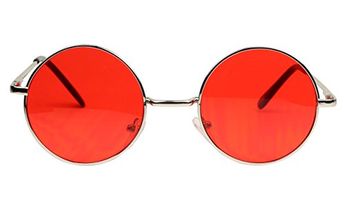 ShadyVEU - Retro Colorful Tint Lennon Style Round Groovy Hippie Wire Sunglasses (Red Lens, 50)