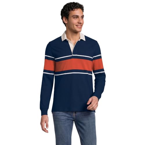 Lands' End Men's Long Sleeve Stripe Rugby Shirt XX-Large Navy/Russet Clay Stripe at Amazon