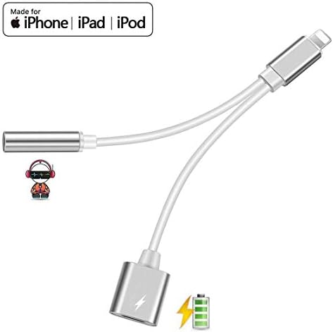 Headphone Jack Adapter Compatible for iPhone Dongle 2 in 1 Earphone Dual Connector Audio 3.5mm Charger Aux Adaptor Cable Replacement Splitter for iPhone 7/7 Plus 8/8 Plus/X 10 Supports iOS 12 - Silver