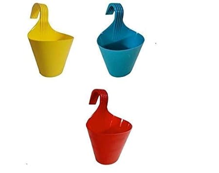 Enamic UK Hanging Planters for Plants Railing Flower Pots, Balcony Railing,(7 Inch), Set of 3 with Drainage for All House Plants, Flowers and Succulents || (Only Pot Without Flower)