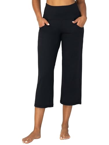 SUNZEL WIDE LEG CAPRI PANTS FOR WOMEN WITH POCKETS, HIGH WAISTED TUMMY CONTROL YOGA PANTS, FLARE LOUNGE CASUAL CROPPED PANTS 25″ BLACK X-LARGE