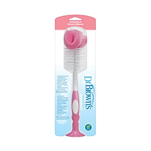 Dr. Brown's Reusable Sponge Baby Bottle Cleaning Brush with Suction Cup Stand, Scrubber and Nipple Cleaner, Pink 1-Pack