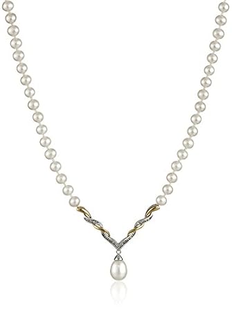 Sterling Silver Yellow Gold Diamond Pearl Necklace