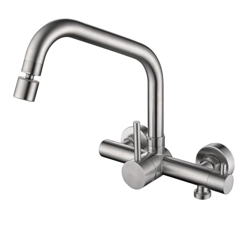 ONECE Wall Mounted Kitchen Tap with 2 Modes, with Dishwasher/Washing Machine Interface 3/4 Inch Wall Mixer Tap with Rotating Nozzle, 360° Swivel Taps, Stainless Steel 304, Removable Aerator