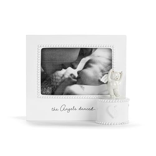 DEMDACO Musical Frames Collection Angels Danced White Beaded 8 x 7 Resin Keepsake Baby Picture Frame with Angel Bear Figurine & Trinket Box – Christening, Newborn, or Memorial Gift, Holds 4x6 Photo