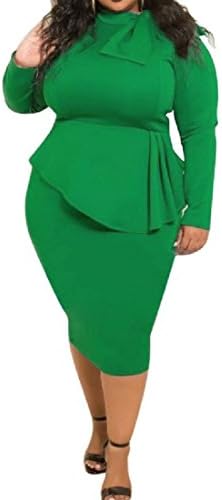 SummerWomen Summer Women Pure Color Bow Plus Size Ruffled Bodycon Mid Length Dress Green 4XL