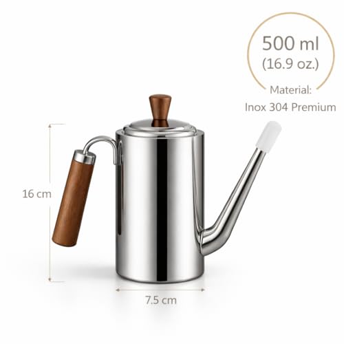 Bule de Inox 304 Premium Bico Fino Filtro e Cabo de Madeira Sofisticado para Café e Chá Gourmet (500, Millilitros)