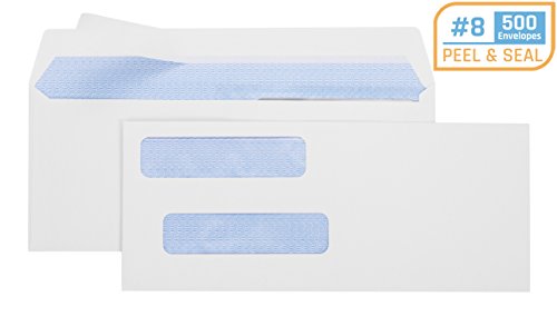 Office Deed 500 Pack #8 Double Window Envelope SELF Seal Adhesive Tinted Security Envelopes Quickbooks Check, Business Check, Documents Secure Mailing, 3 5/8" x 8 11/16", White Envelope