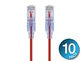 Monoprice SlimRun Cat6A Ethernet Patch Cable - Network Internet Cord - RJ45, 550Mhz, UTP, Pure Bare Copper Wire, 10G, 30AWG , 7ft, Red, 10-Pack