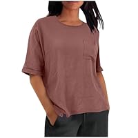 Short Sleeve Tops for Women Linen Shirts for Women Basic Solid Spring Tops 2026 Crewneck Short Sleeve Shirt with Pockets Summer Casual Vacation Watermelon Red S