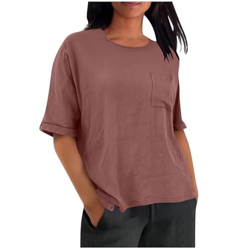 Short Sleeve Tops for Women Linen Shirts for Women Basic Solid Spring Tops 2026 Crewneck Short Sleeve Shirt with Pockets Summer Casual Vacation Watermelon Red S