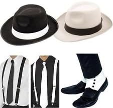 Gangster Mob 1920's Fancy Dress Kit Hat Tie Braces Spats Al Capone Set (OneStopClothingCo) (Full Black Set)