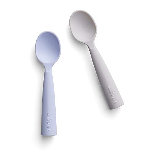 Miniware Teething Spoon Cutlery Set with Carrying Case for Baby Toddler Kids - Promotes Self Feeding | 100% Food Grade Silicone | BPA Free | Modern & Durable | Dishwasher Safe (Grey and Lavender)