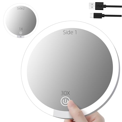 30X/1X Double-Sided Magnifying Mirror with Light, 6-Inch Large Lighted Magnified Travel Mirror, Precision Makeup at 30X & Overall View at 1X, High Magnification, Rechargeable Battery, with Storage Bag