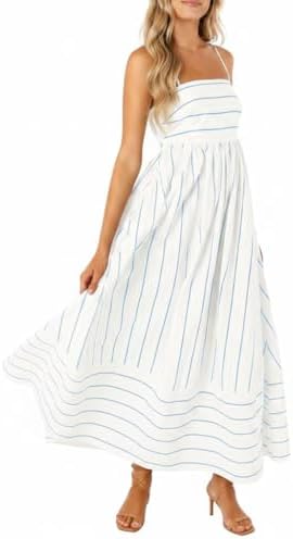 amazon black and white striped dress Women's Black White Striped Print Maxi Dress Sleeveless Halter Tie up Long Dress Summer Loose Pleated Sundress (A-Black, S) at Amazon Women's Clothing store