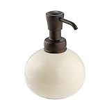 mDesign Retro Bathroom Round Ceramic Refillable Liquid Soap Dispenser Pump Bottle for Vanity Countertop, Kitchen Sink - Holds Hand Soap, Sanitizer, Lotion & Essential Oils - Vanilla/Bronze