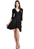 LeggingsQueen Women's 3/4 Sleeves V Neck Faux Wrap Dress