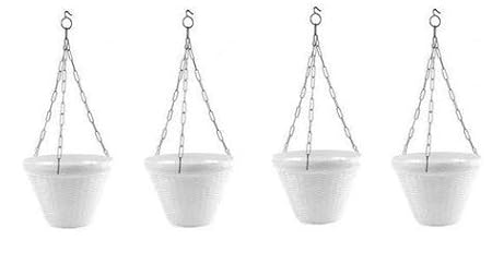 Vinshra White Hanging Flower Pot with Hook Chain (Set of 4)