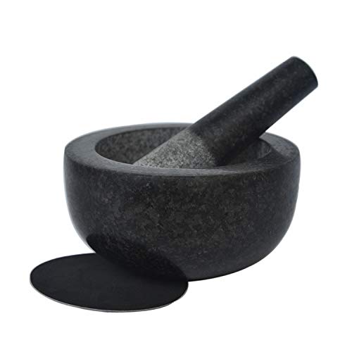 Large Granite Mortar and Pestle Set 6.3 inch, Cozymat Molcajete, Salsa Pestos Guacamole Bowl, Herbs and Spices Grinder, with EVA Anti-slip Pad,Black&Grey