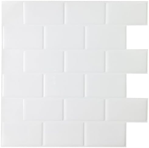 Hentl Peel and Stick Tiles 12" x 12" White Peel and Stick Kitchen Backsplash Tile Self-adhesive Vinyl 3D Wall Sticker(6 Tiles)