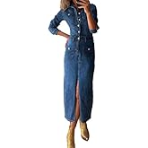 Ru Sweet Denim Dress for Women Trendy Long Sleeve Button Down Denim Maxi Dress Bodycon Slit Long Jean Dresses
