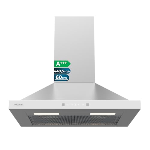 Cecotec Campana Extractora Piramidal 60 cm Bolero Flux PT 604400 Inox A+++. Cristal Frontal en Blanco, Succión 449,5 m³/h, Control Táctil Invisible, Función Booster, Filtros Lavables, Clase A+++