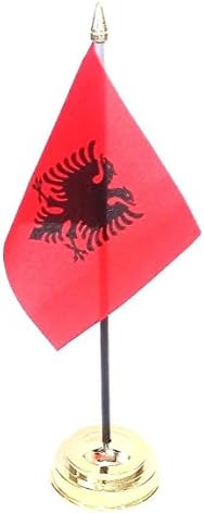 Albania New Desk Table Flag with Gold Plastic Flat Base + 59mm Button Badge