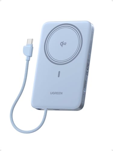 UGREEN 10000mAh Power Bank, Qi2 15W Certified Magnetic Wireless Charger, 30W USB-C Portable Battery Pack with Built-in Cable, MagSafe-Compatible Fast Charging for iPhone 17/16/15/14/13/12 Series,Blue