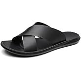 LOVEHEYNEW Men's Leather Slip On Slides Sandals Comfortable Lightweight Open Toe Anti-Slip Flat Summer Casual Slippers Indoor Outdoor Walking Beach Sandals