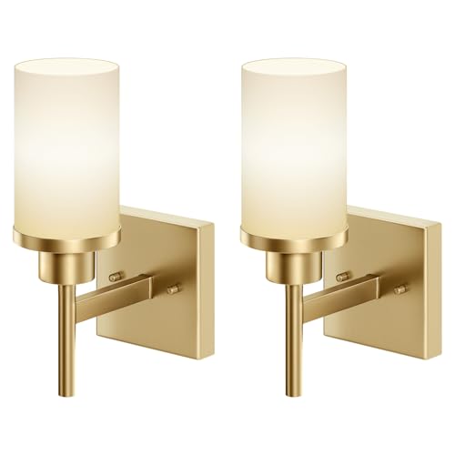 Photo 1 of AONEON Vanity Lighting Fixtures with White Frosted Glass Shade, Modern Gold Wall Lamps for Bathroom Mirror Bedroom Living Room Porch, 2 Pack T001GD-L1-P2