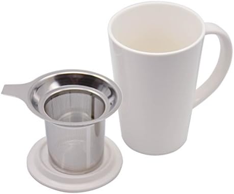 Nicelucky Porcelain Tea Mug with Infuser and Lid, 17 OZ Ceramic Coffee Cup, White