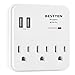 BESTTEN Mini USB Wall Outlet Extender, Slim Low Profile Multiple Plug Splitter, 2 USB Charging Ports and 3 AC Outlets, 450 Joule Surge Protector, ETL Certified, White