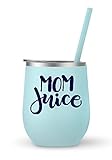 Mom Juice Wine Tumbler | 12 oz Stainless Steel mommy sippy fuel cup funny quotes Seafoam mom wine glass insulated outdoor travel tumblers with Lid and Straw Stemless Goblet (Seafoam - Navy Mom Juice)