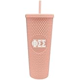 Sorority Shop Phi Sigma Sigma Studded Tumbler with Straw - 24 Oz Tumbler with Lid and Straw, Matte Coral, Reusable Plastic Cup with Screen Printed Greek Letters for Water, Ice Coffee or Any Drink
