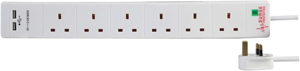 PRO ELEC PEL00114 6 Way 2 USB Surge Protected Extension Lead 3m White