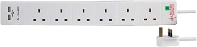 PRO ELEC PEL00114 6 Way 2 USB Surge Protected Extension Lead 3m White